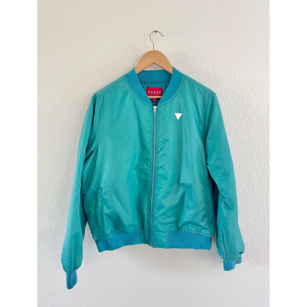 Guess Los Angeles Bomber Jacket Nylon Solid Teal Blue Vintage XL